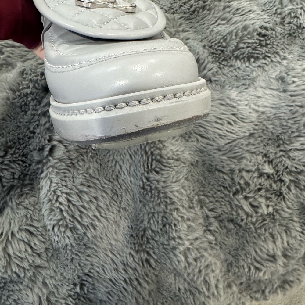 Chanel 21B Grey Quilted Flap Turnlock CC Logo Silver Mule Slip Flat Loafer 37.5 - Picture 7 of 12